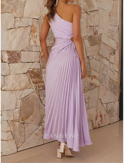 FannyWe Vestido de fiesta sencillo para mujer, vestido de fiesta con cortes, plisado, con cordón, un hombro, sin mangas, para San Valentín, invitada de boda, elegante, negro, morado claro, verano, primavera 