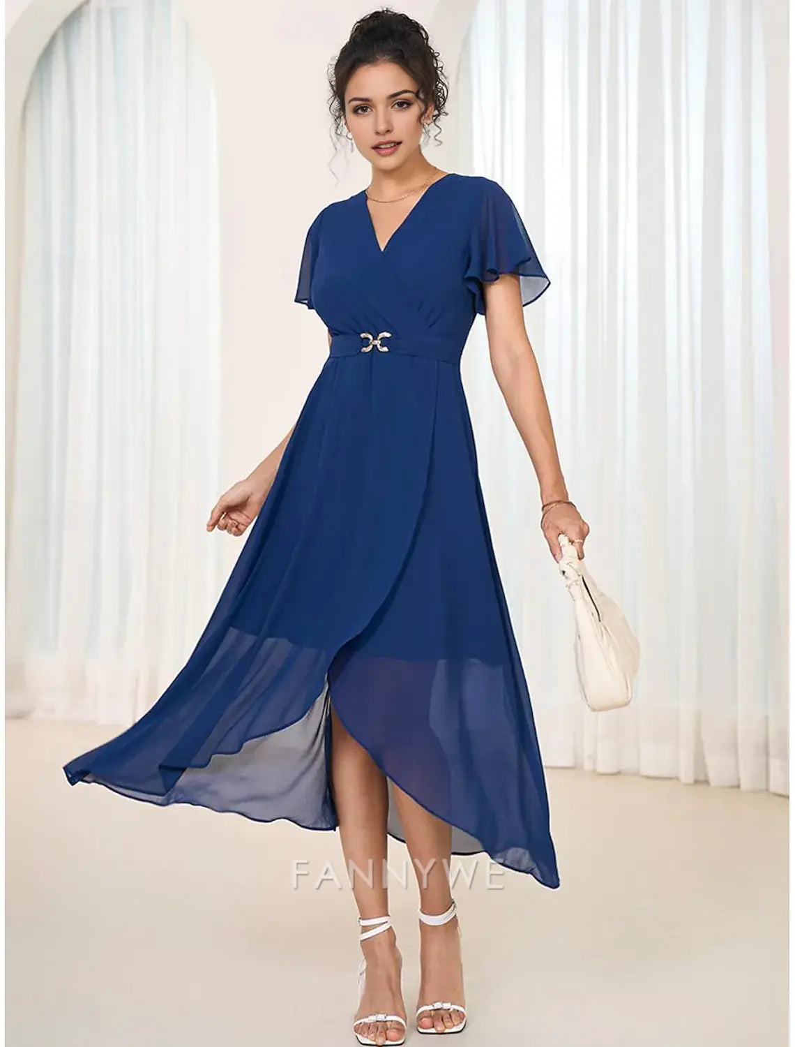 FannyWe Simple Women's Wedding Guest Cocktail Dress Chiffon Pleated Ruffle Elegant Midi Dress Crew Neck Sleeveless Dark Blue Color