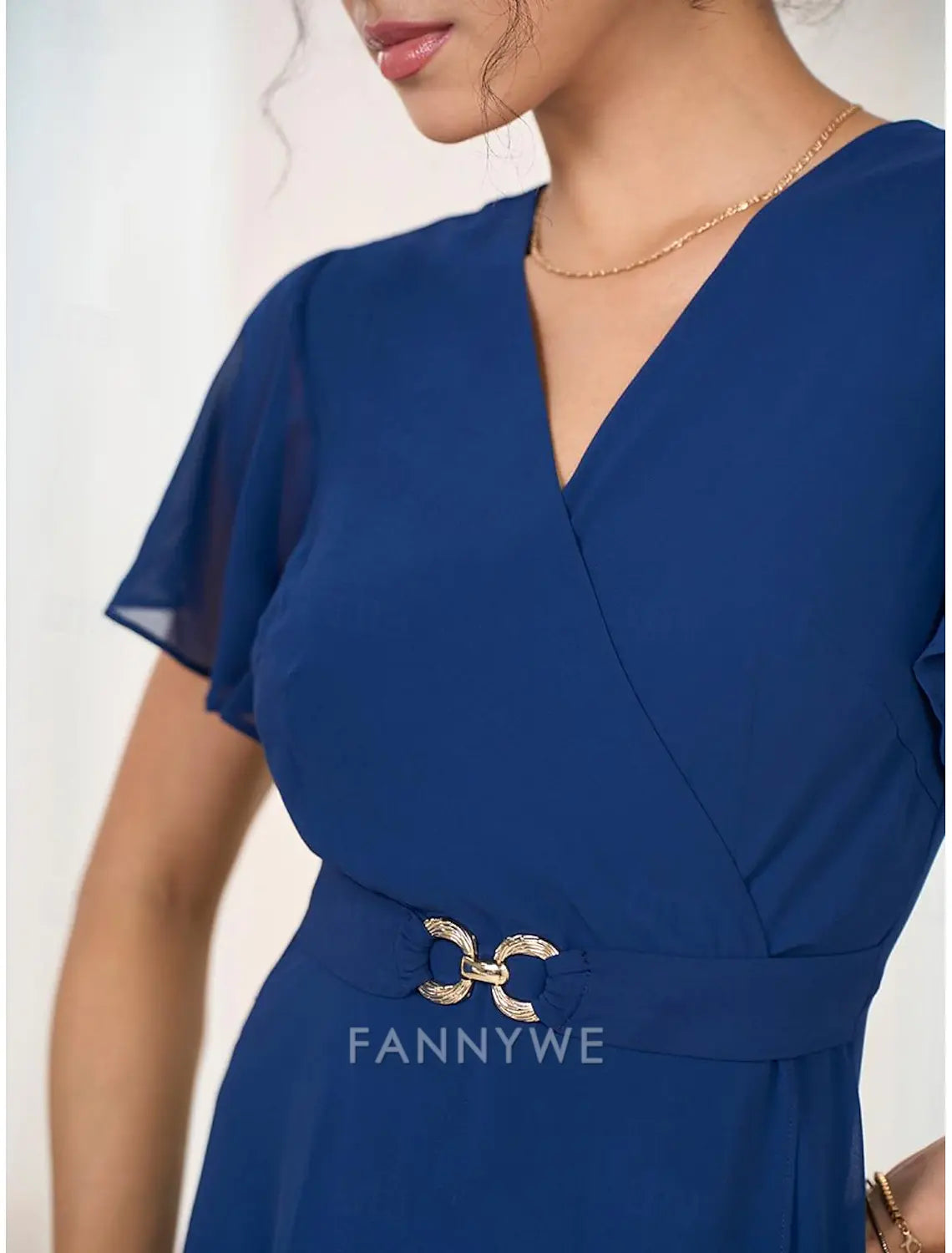 FannyWe Simple Women's Wedding Guest Cocktail Dress Chiffon Pleated Ruffle Elegant Midi Dress Crew Neck Sleeveless Dark Blue Color