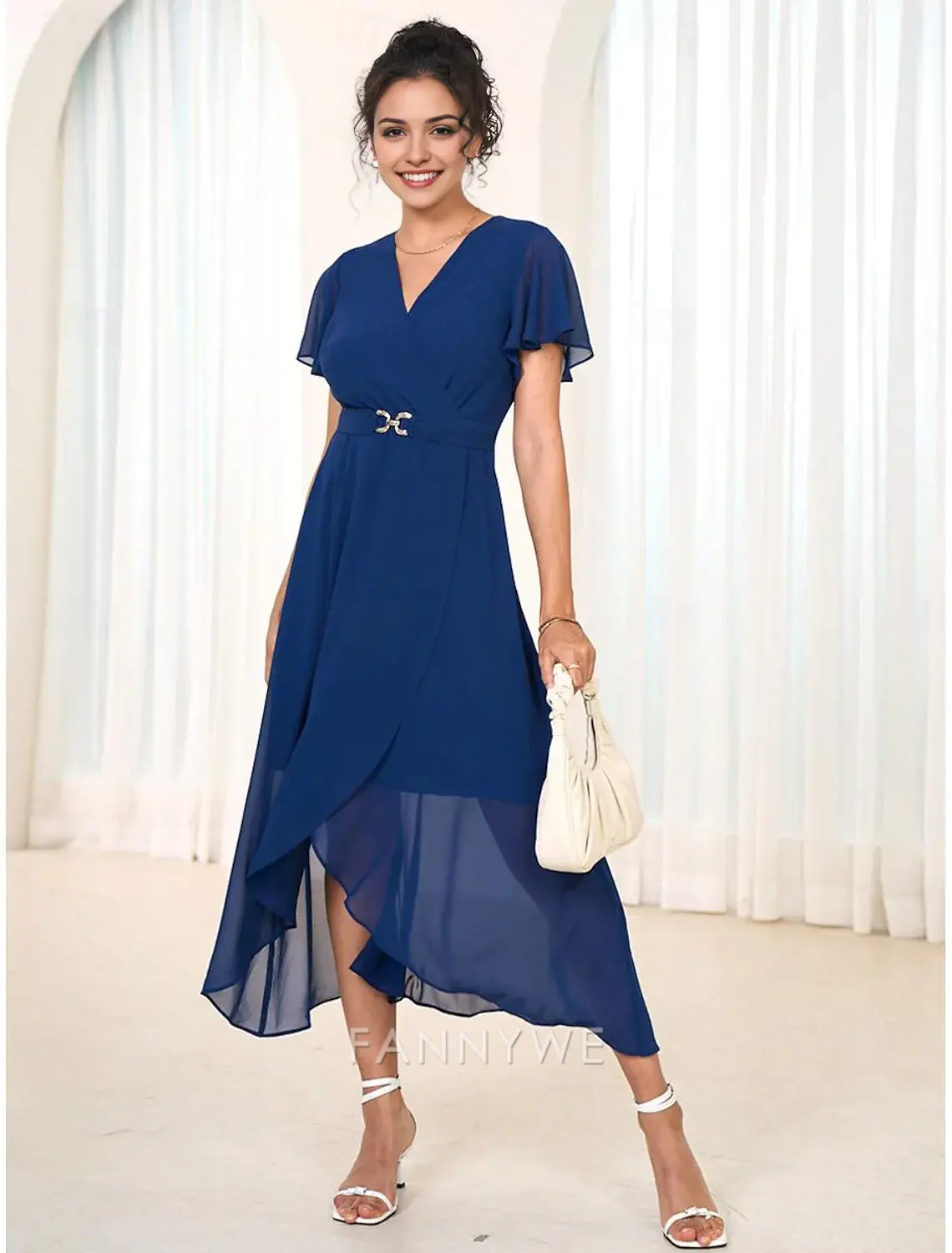 FannyWe Simple Women's Wedding Guest Cocktail Dress Chiffon Pleated Ruffle Elegant Midi Dress Crew Neck Sleeveless Dark Blue Color