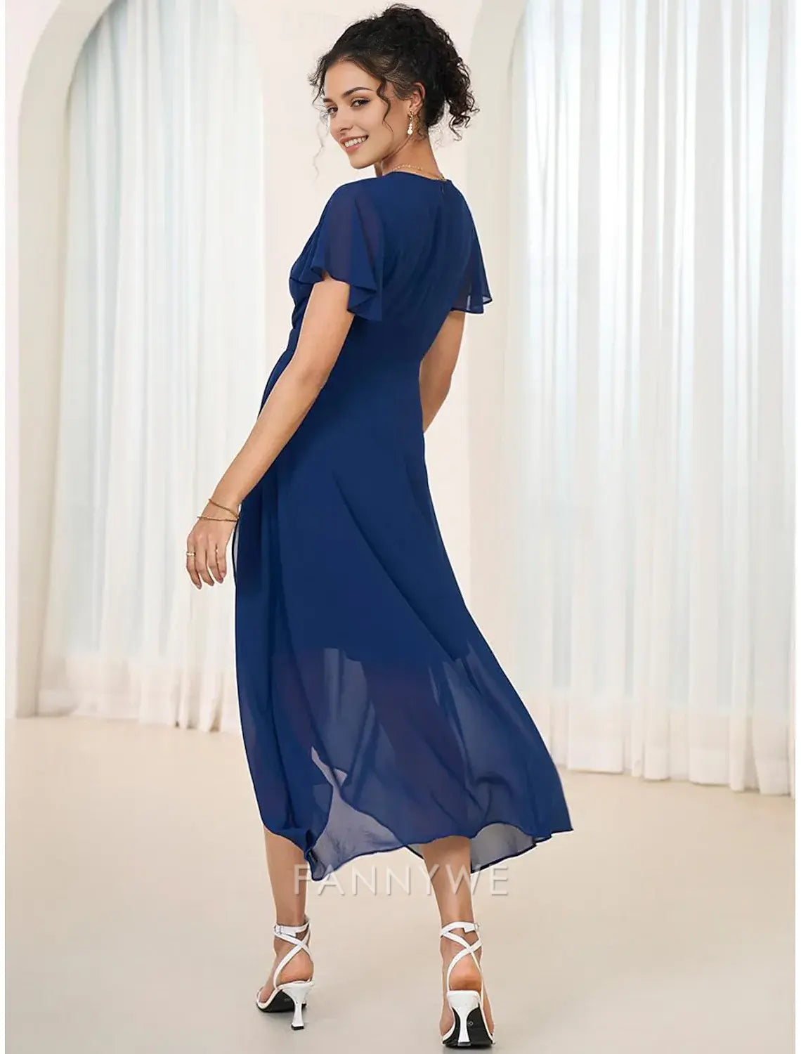 FannyWe Simple Women's Wedding Guest Cocktail Dress Chiffon Pleated Ruffle Elegant Midi Dress Crew Neck Sleeveless Dark Blue Color