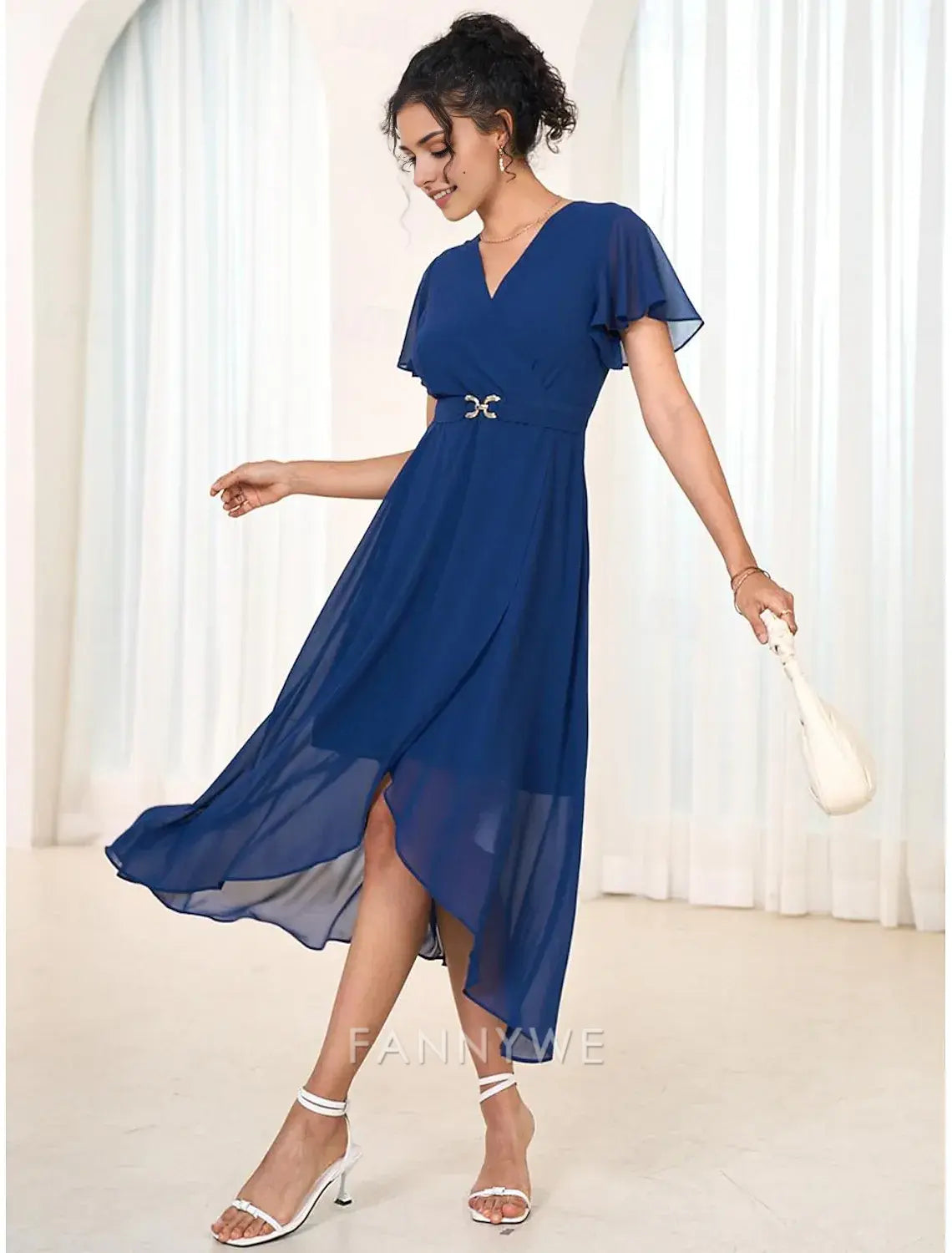 FannyWe Simple Women's Wedding Guest Cocktail Dress Chiffon Pleated Ruffle Elegant Midi Dress Crew Neck Sleeveless Dark Blue Color