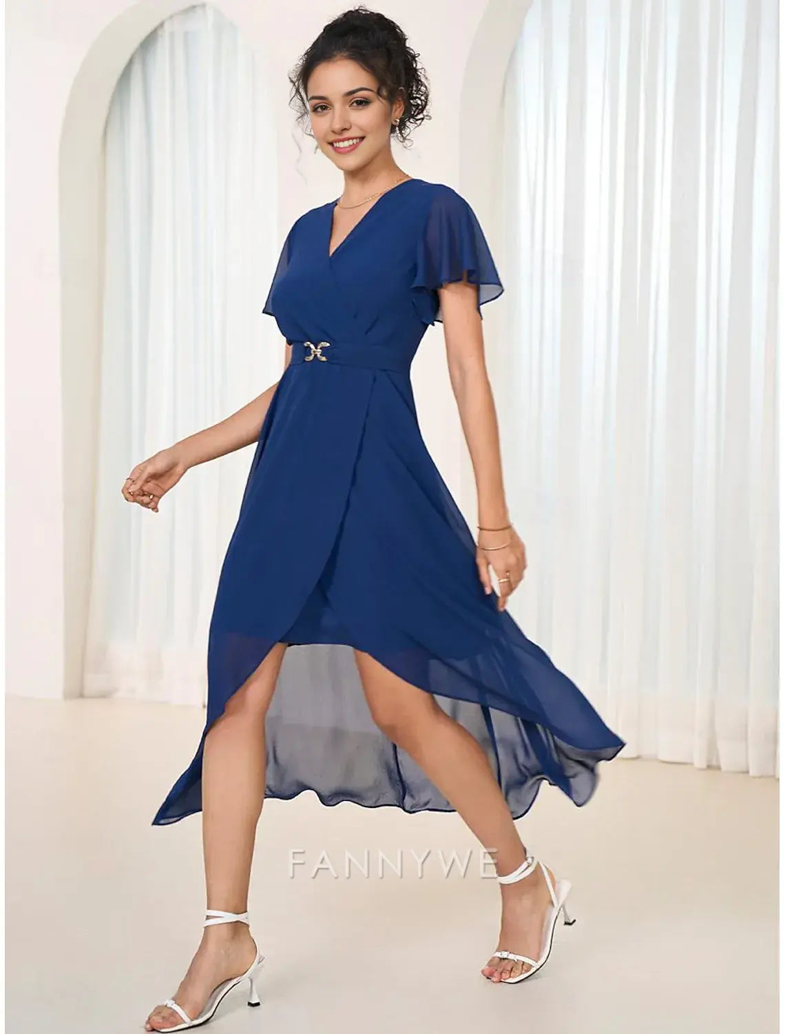 FannyWe Simple Women's Wedding Guest Cocktail Dress Chiffon Pleated Ruffle Elegant Midi Dress Crew Neck Sleeveless Dark Blue Color