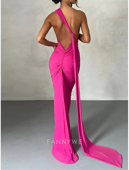 FannyWe Simple Women's White Dress Black Dress Prom Dress Ruched Backless One Shoulder Sleeveless Wedding Guest Special Occasion Black White Spring Fall