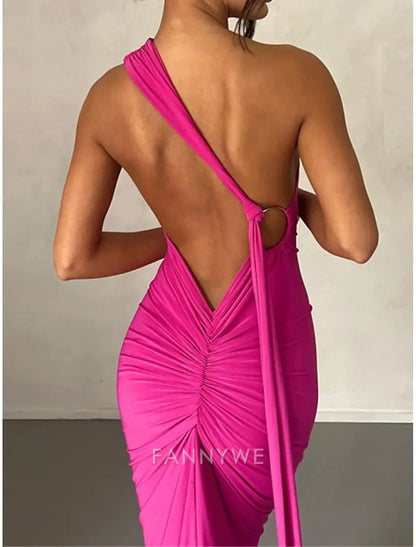 FannyWe Simple Women's White Dress Black Dress Prom Dress Ruched Backless One Shoulder Sleeveless Wedding Guest Special Occasion Black White Spring Fall
