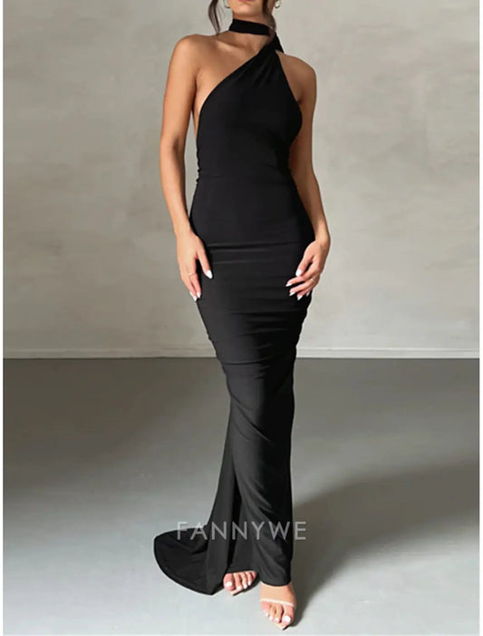FannyWe Vestido Blanco Sencillo para Mujer Vestido Negro Vestido de Fiesta Fruncido Espalda Descubierta Un Hombro Sin Mangas Invitada de Boda Ocasión Especial Negro Blanco Primavera Otoño 
