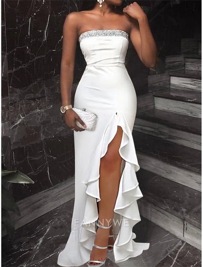 FannyWe Simple Women's White Dress Prom Dress Party Dress Ruched Ruffle Strapless Sleeveless Color Block Birthday Vacation White Wine Winter