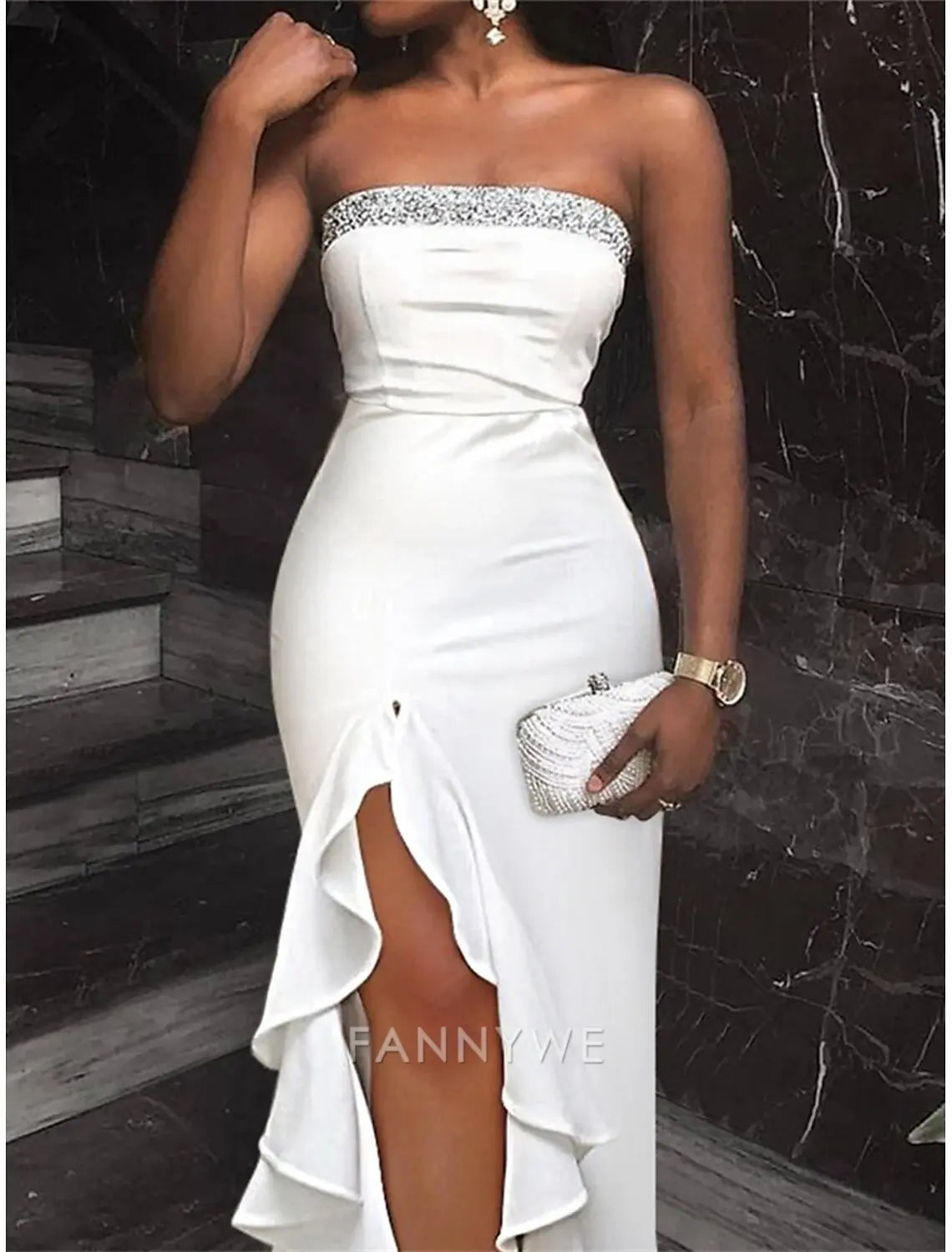 FannyWe Simple Women's White Dress Prom Dress Party Dress Ruched Ruffle Strapless Sleeveless Color Block Birthday Vacation White Wine Winter