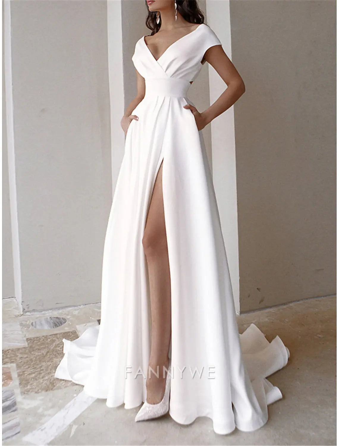 FannyWe Simple Women's White Dress Prom Dress Party Dress Ruffle Pocket V Neck Short Sleeve Wedding Guest Special Occasion Elegant Black White Summer Spring