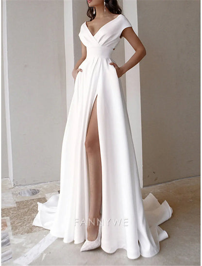 FannyWe Simple Women's White Dress Prom Dress Party Dress Ruffle Pocket V Neck Short Sleeve Wedding Guest Special Occasion Elegant Black White Summer Spring