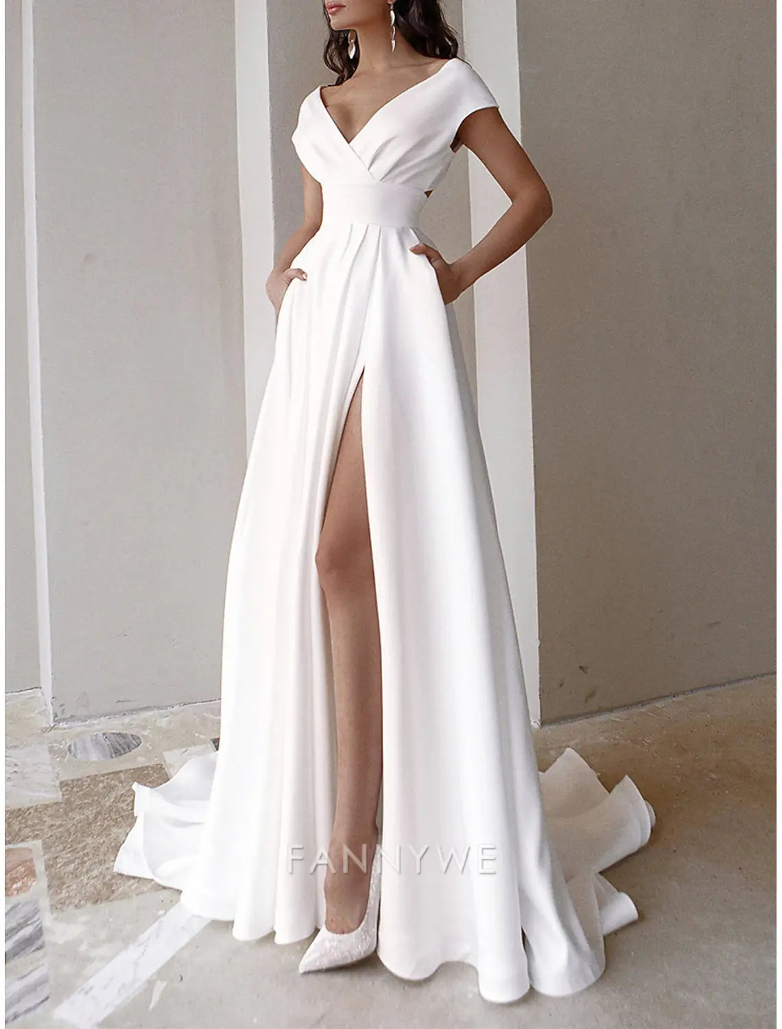 FannyWe Simple Women's White Dress Prom Dress Party Dress Ruffle Pocket V Neck Short Sleeve Wedding Guest Special Occasion Elegant Black White Summer Spring