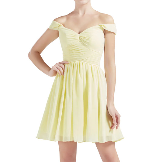 Schulterfreies, kurzes Chiffon-Brautjungfernkleid für Hochzeiten