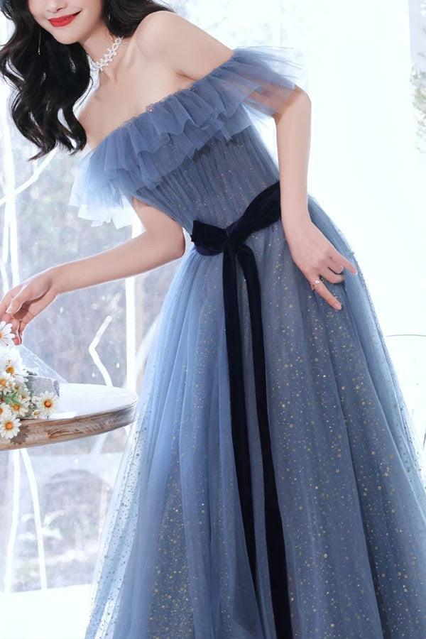 A-line Off The Shoulder Tulle Long Prom Dress