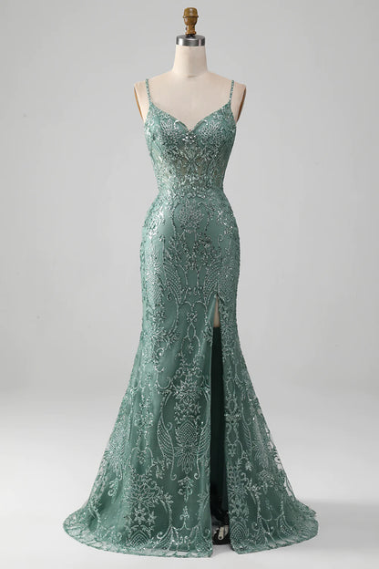 Spaghetti Staps Sparkly Prom Dress with Beading