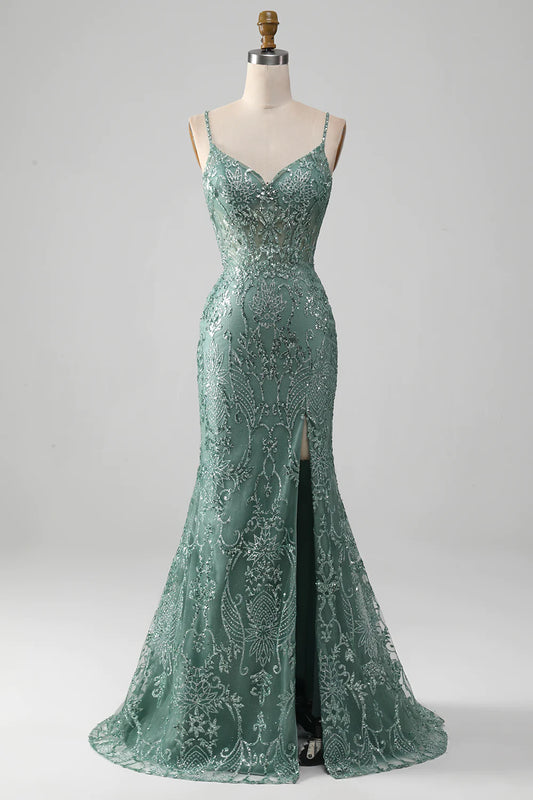 Spaghetti Staps Sparkly Prom Dress with Beading