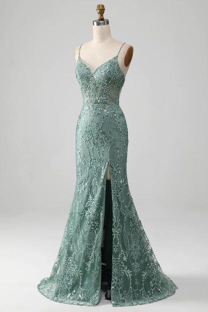 Spaghetti Staps Sparkly Prom Dress with Beading