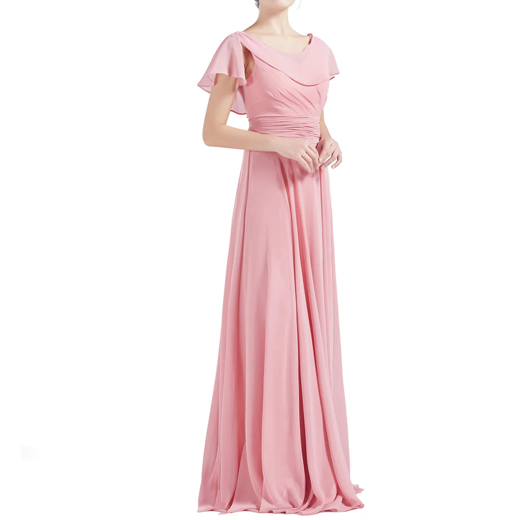 A Line Neck Ruffle Short Sleeves Wedding Bridesmaid Dresses