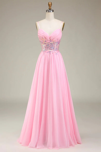 Vestido de fiesta de corte A con tirantes finos y corsé rosa plisado