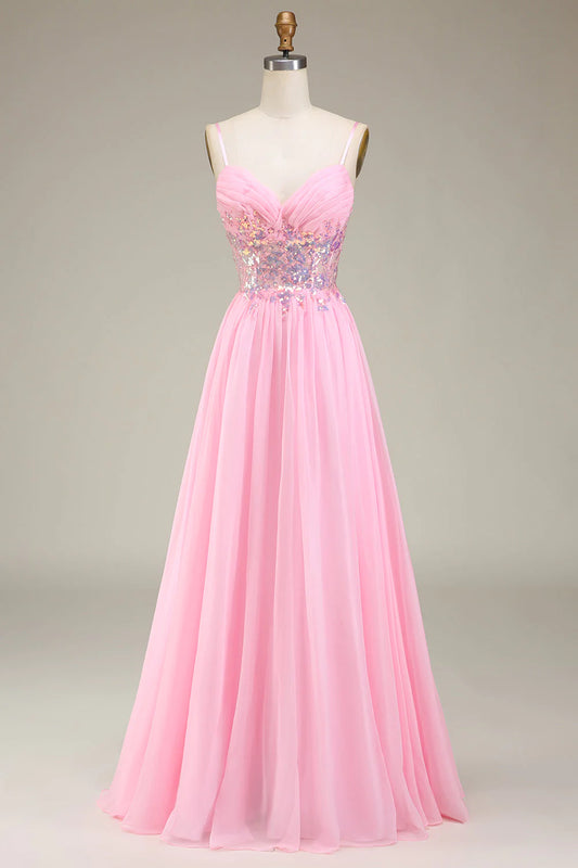 Rosa Korsett Spaghettiträger A-Linie Ballkleid mit Plissee