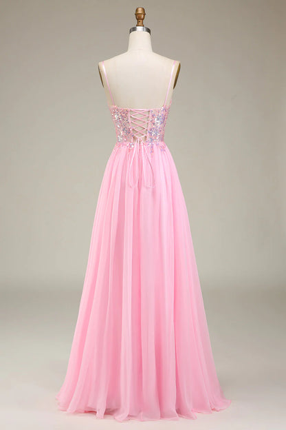 Vestido de fiesta de corte A con tirantes finos y corsé rosa plisado