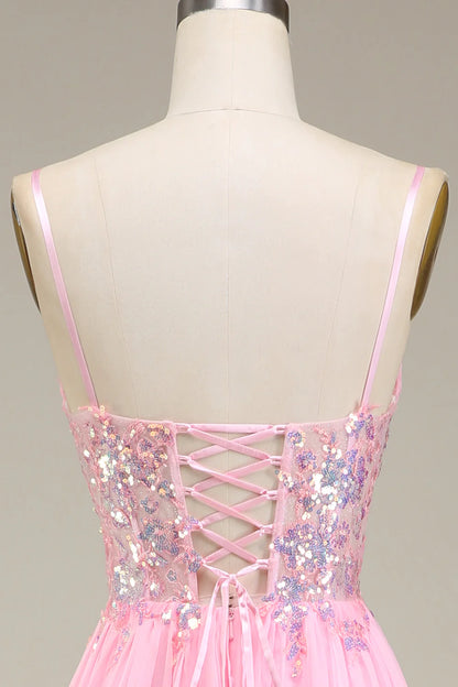 Vestido de fiesta de corte A con tirantes finos y corsé rosa plisado