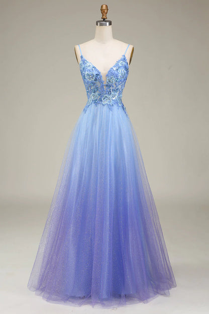 Sparkly Blue Tulle Prom Dress with Appliques