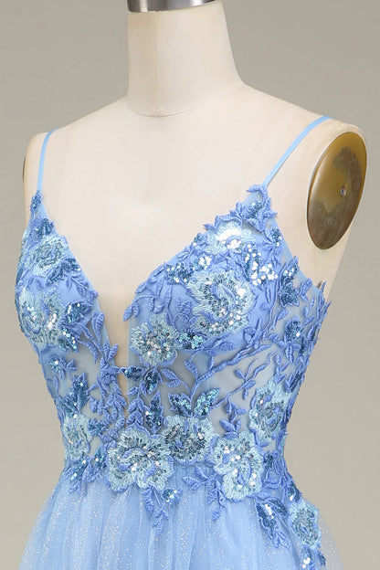 Sparkly Blue Tulle Prom Dress with Appliques