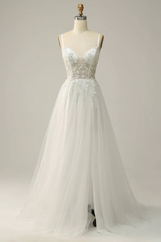 A Line Spaghetti Straps White Long Bridal Dress with Appliques