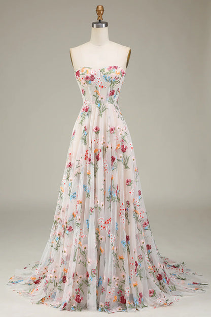 A-Line Long Corset Prom Dress With Flower