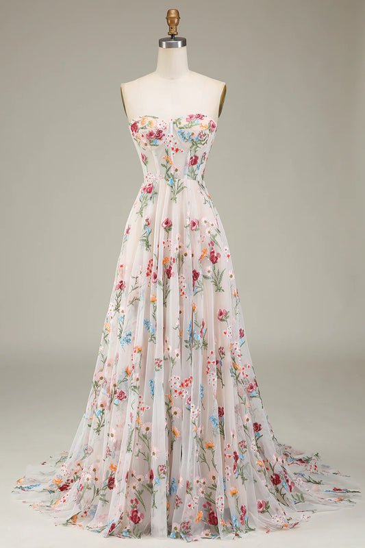 A-Line Long Corset Prom Dress With Flower