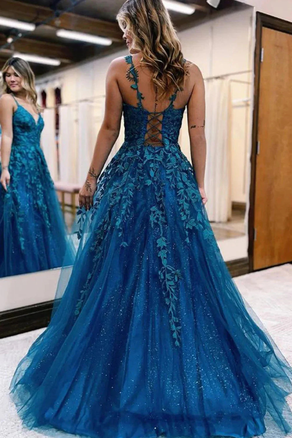 A-Line Glitter Lace Long Prom Dress