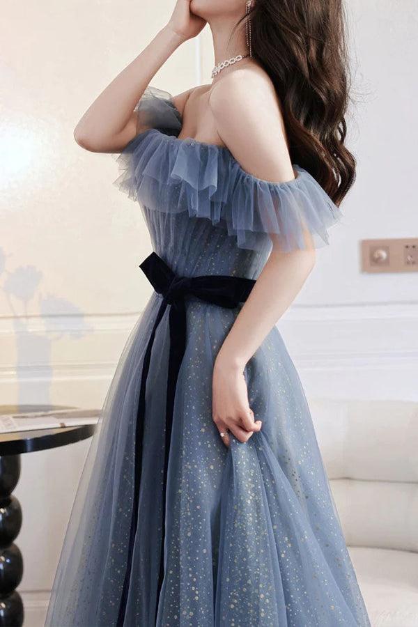 A-line Off The Shoulder Tulle Long Prom Dress