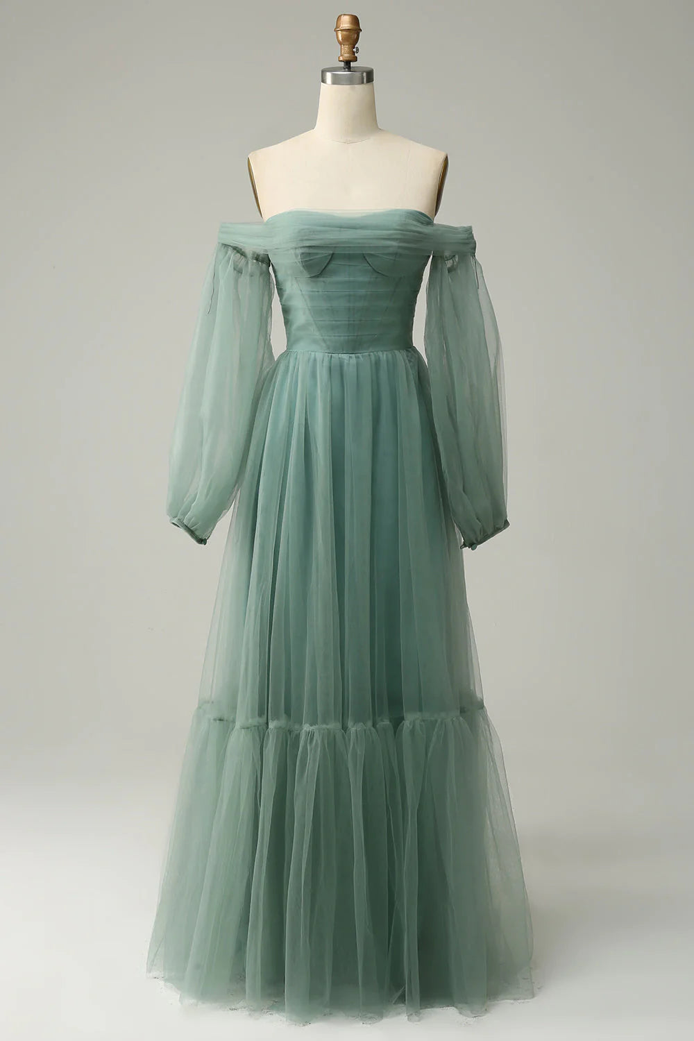 Vestido de fiesta de tul en línea A, gris y verde, con hombros descubiertos y mangas largas