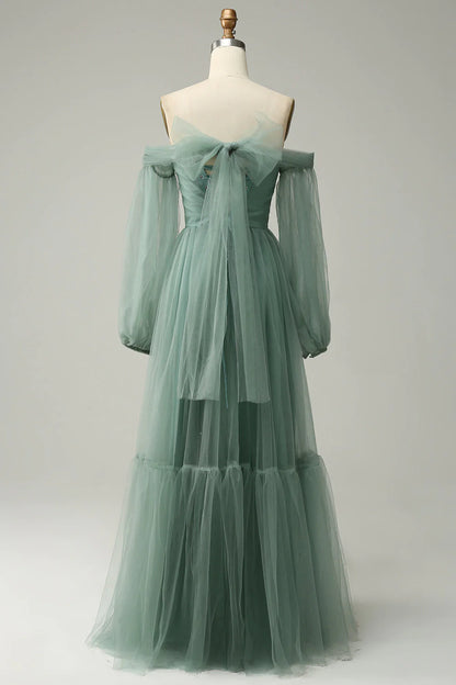 Vestido de fiesta de tul en línea A, gris y verde, con hombros descubiertos y mangas largas