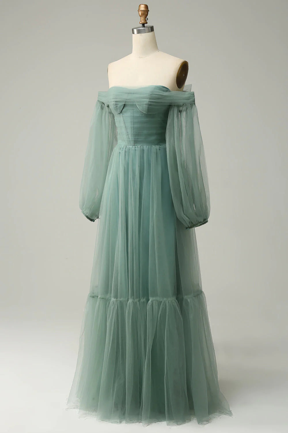 Vestido de fiesta de tul en línea A, gris y verde, con hombros descubiertos y mangas largas