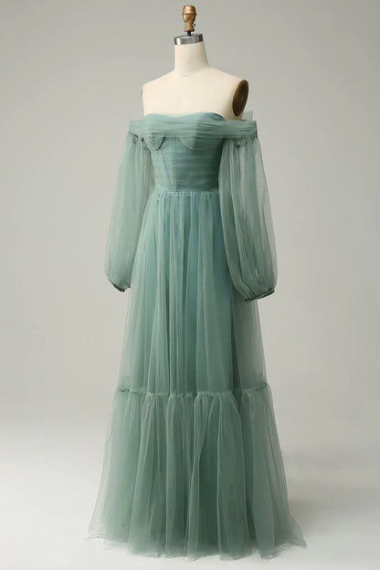 Vestido de fiesta de tul en línea A, gris y verde, con hombros descubiertos y mangas largas