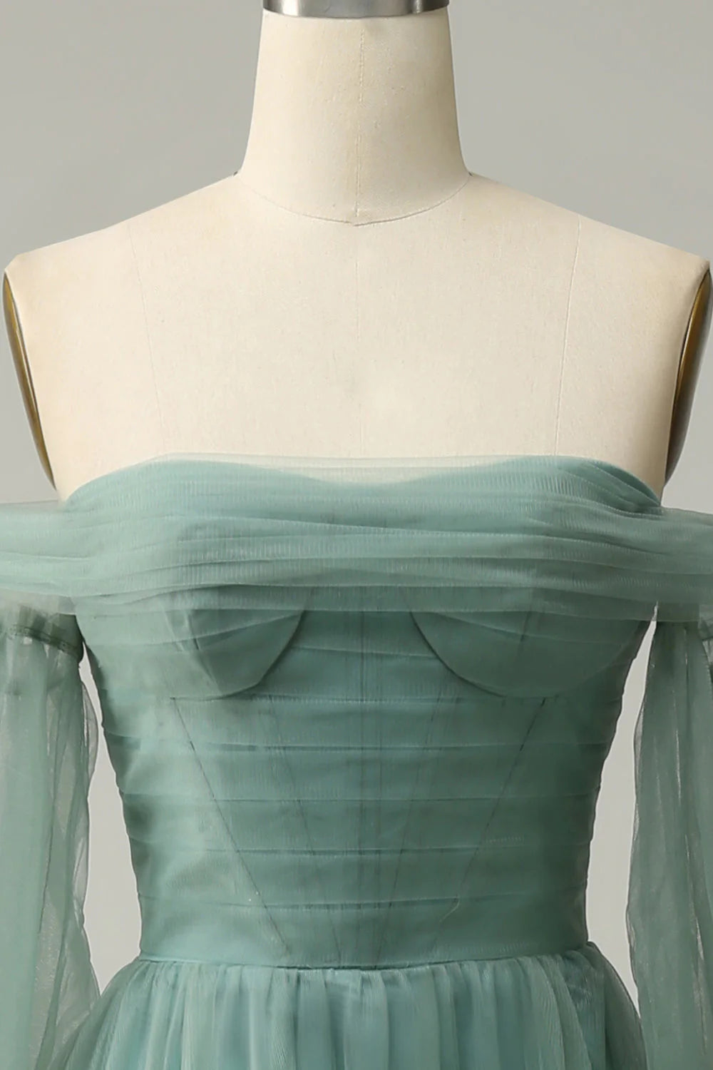 Vestido de fiesta de tul en línea A, gris y verde, con hombros descubiertos y mangas largas
