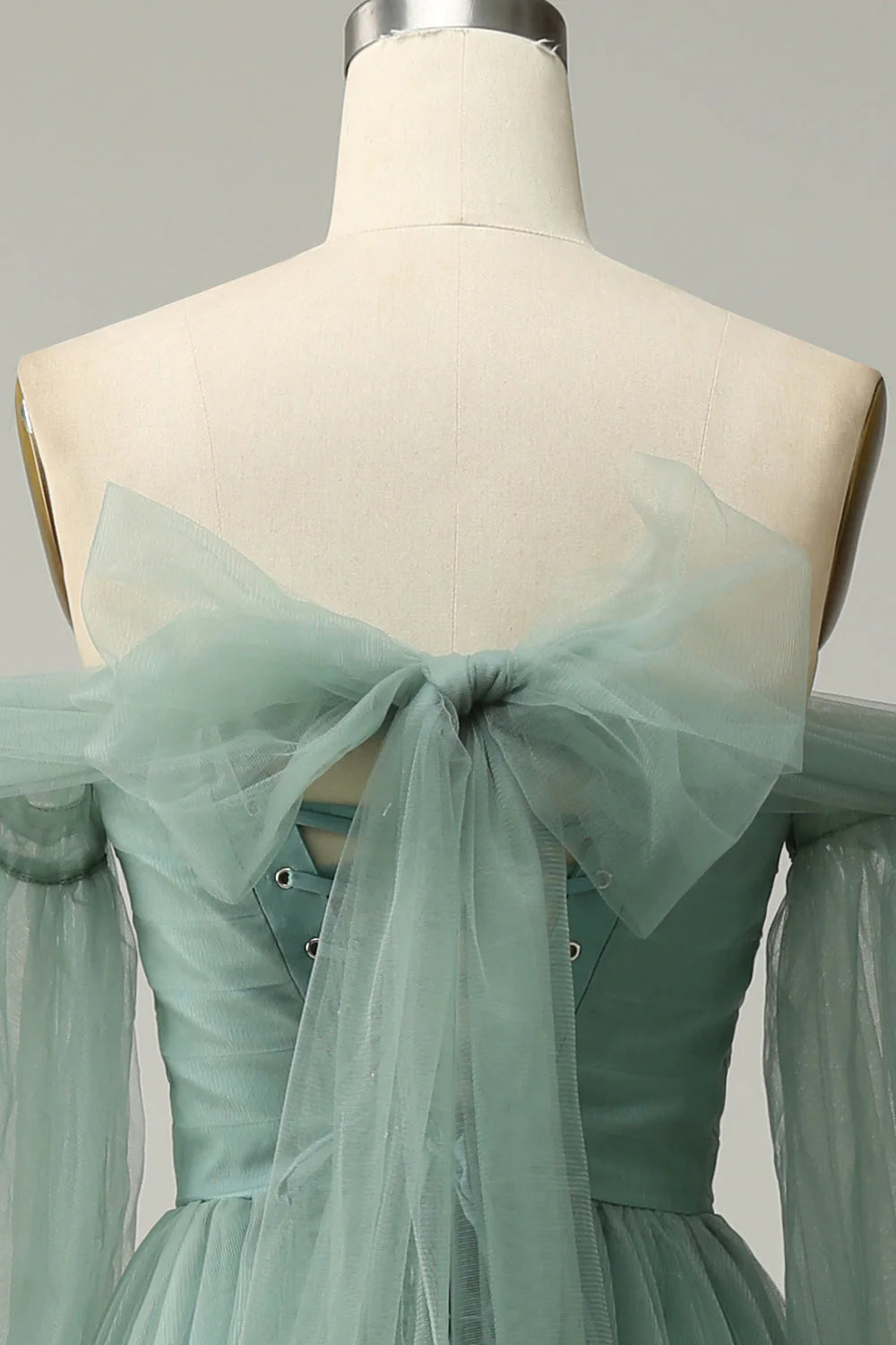 Vestido de fiesta de tul en línea A, gris y verde, con hombros descubiertos y mangas largas