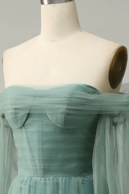 Vestido de fiesta de tul en línea A, gris y verde, con hombros descubiertos y mangas largas