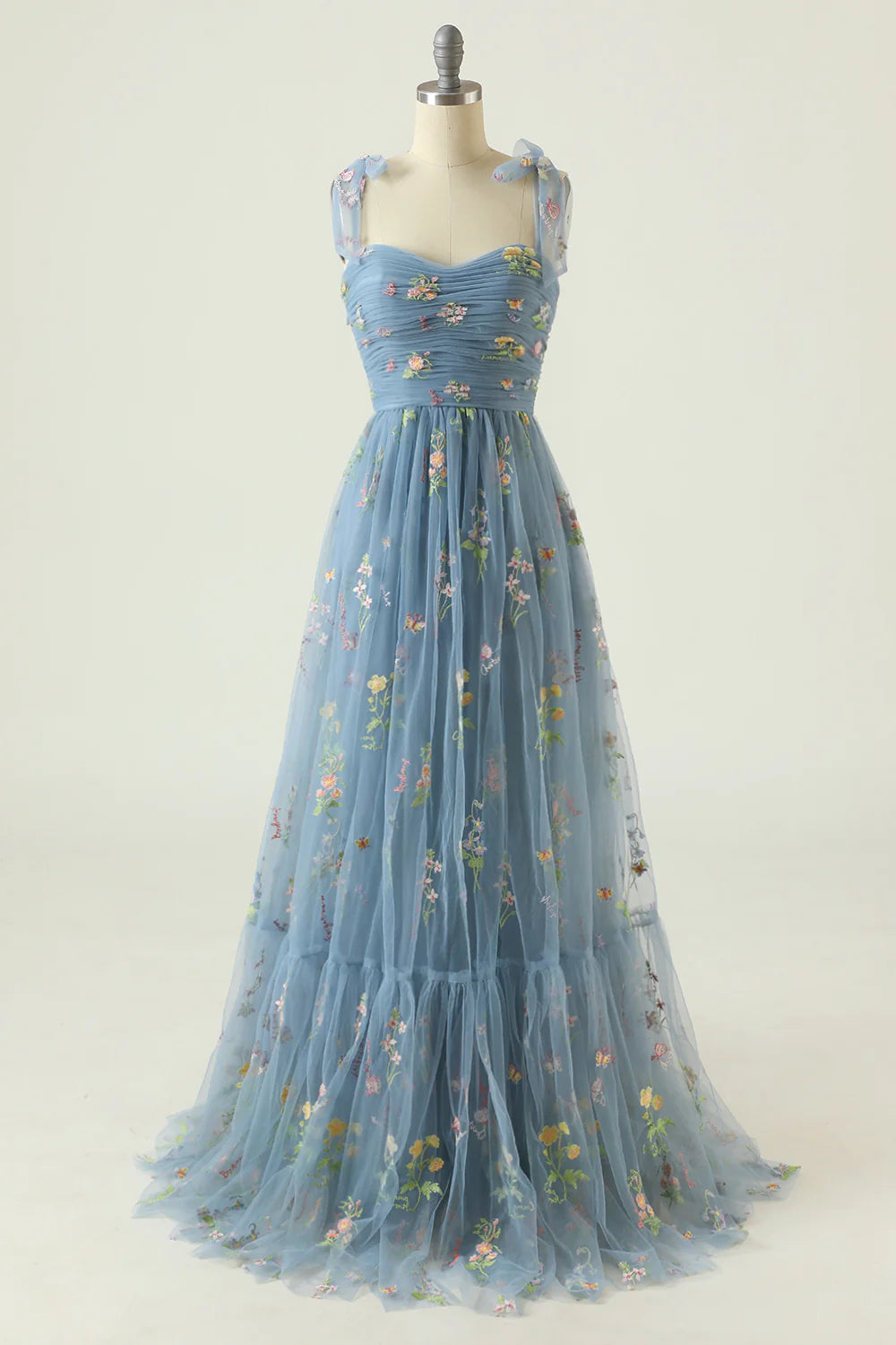 A Line Spaghetti Straps Champagne Prom Dress with Embroidery