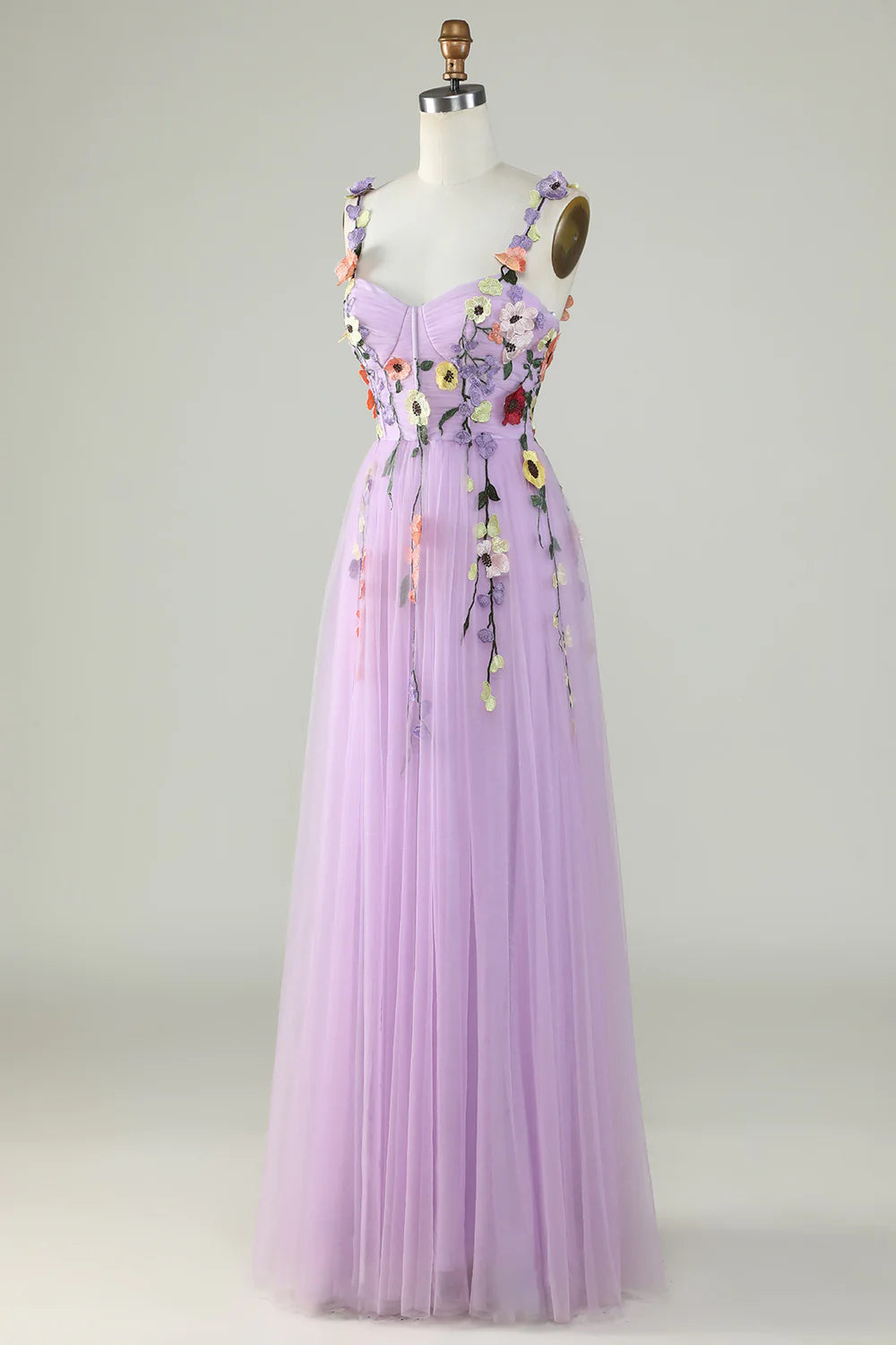 A Line Purple Spaghetti Straps Prom Dress With 3D Flowers