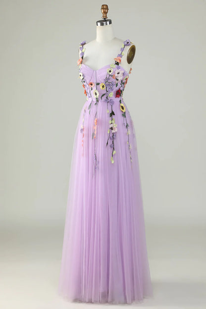 A Line Purple Spaghetti Straps Prom Dress With 3D Flowers