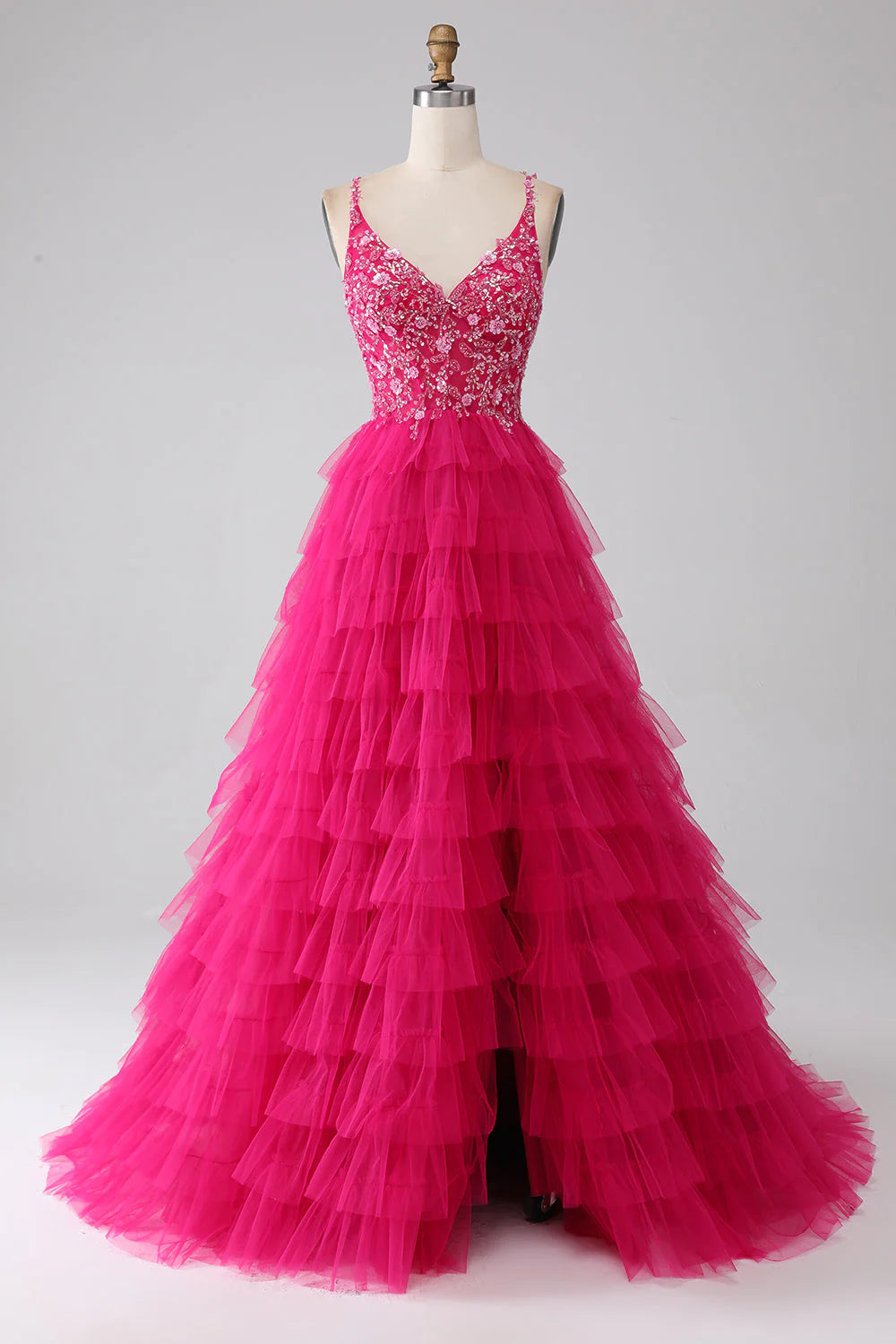 Vestido de fiesta largo con capas de lentejuelas, tirantes finos, corte princesa fucsia, con abertura