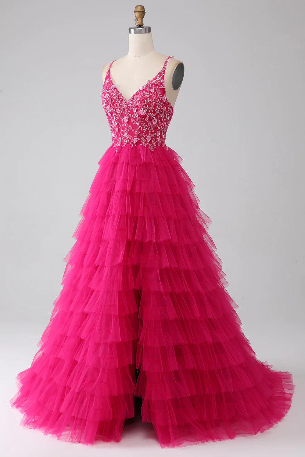 Vestido de fiesta largo con capas de lentejuelas, tirantes finos, corte princesa fucsia, con abertura