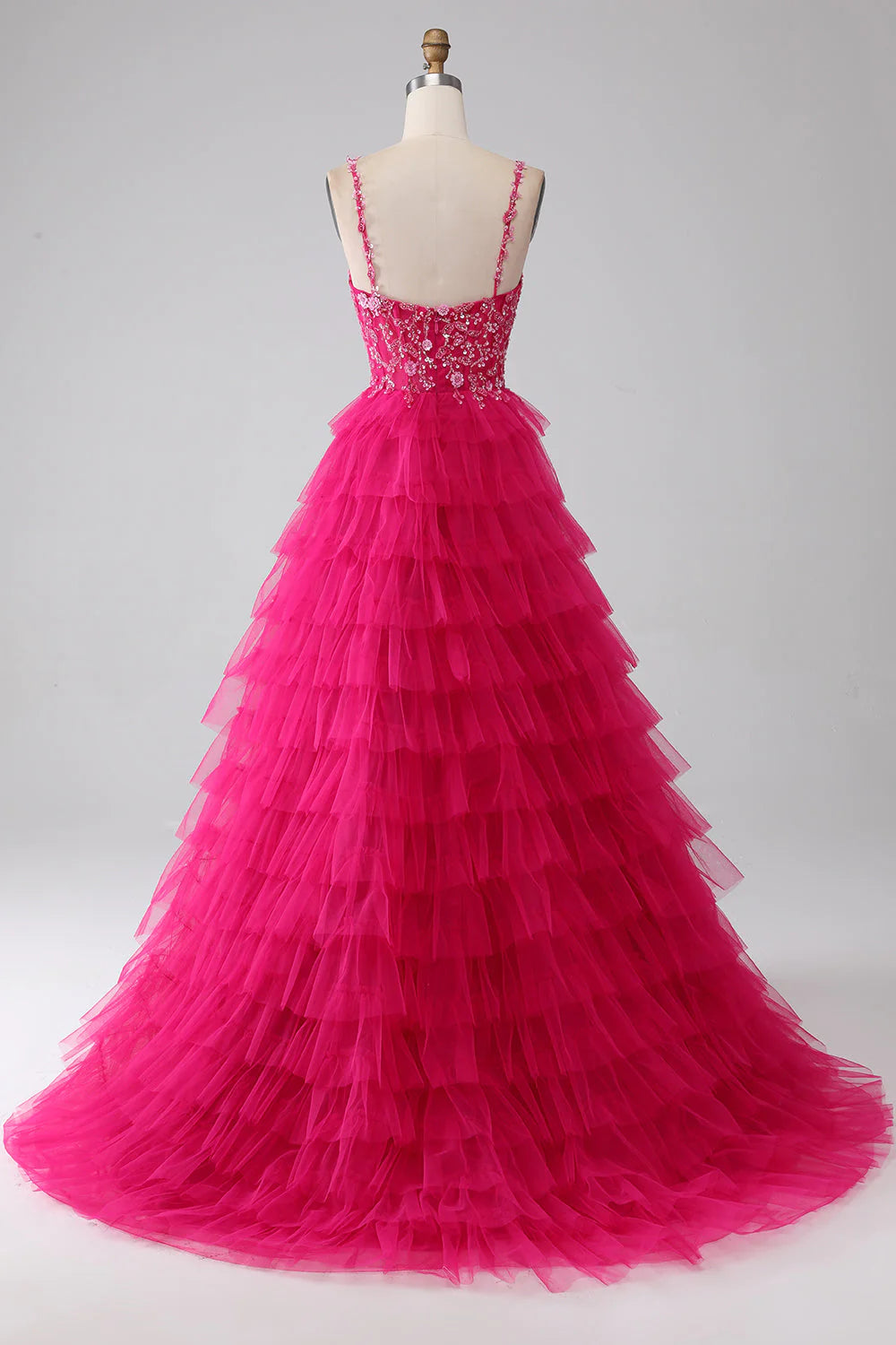 Vestido de fiesta largo con capas de lentejuelas, tirantes finos, corte princesa fucsia, con abertura