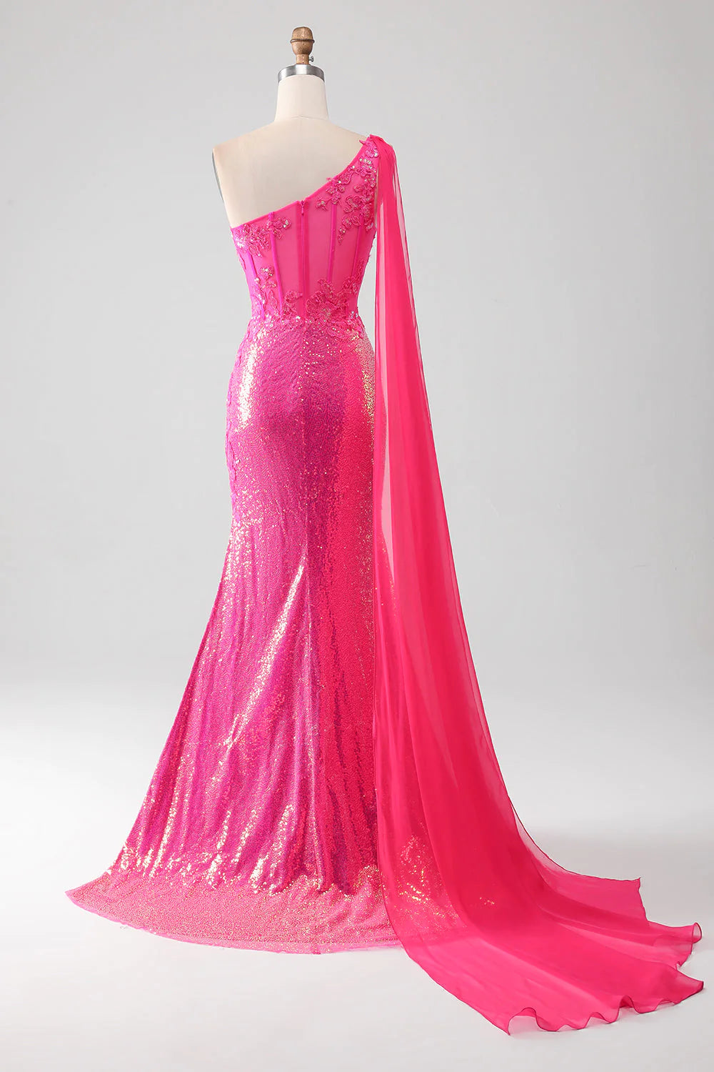 Vestido de fiesta de sirena fucsia brillante con un solo hombro y apliques con abertura