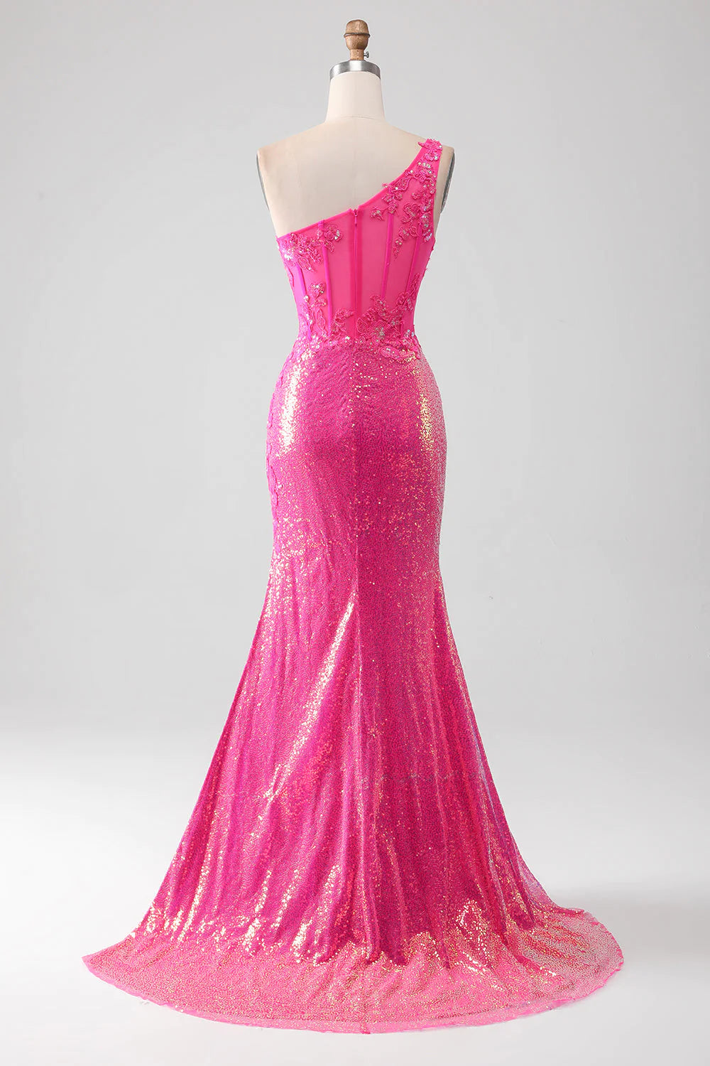 Vestido de fiesta de sirena fucsia brillante con un solo hombro y apliques con abertura