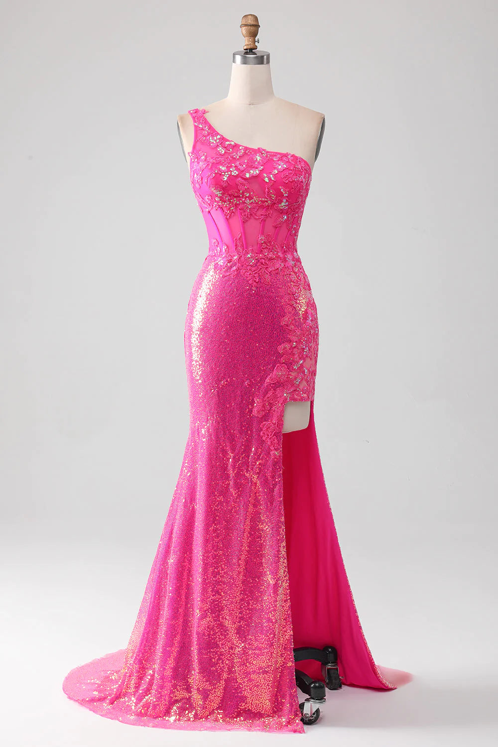 Vestido de fiesta de sirena fucsia brillante con un solo hombro y apliques con abertura