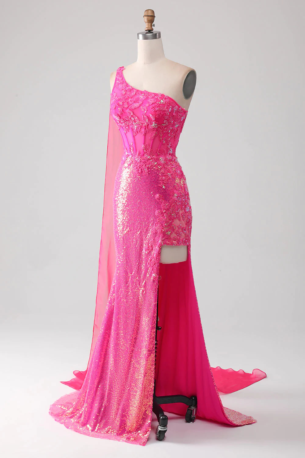 Vestido de fiesta de sirena fucsia brillante con un solo hombro y apliques con abertura