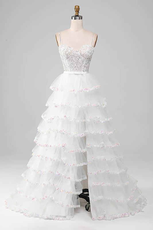 Sparkly White A-Line Tiered Long Corset Prom Dress With Slit